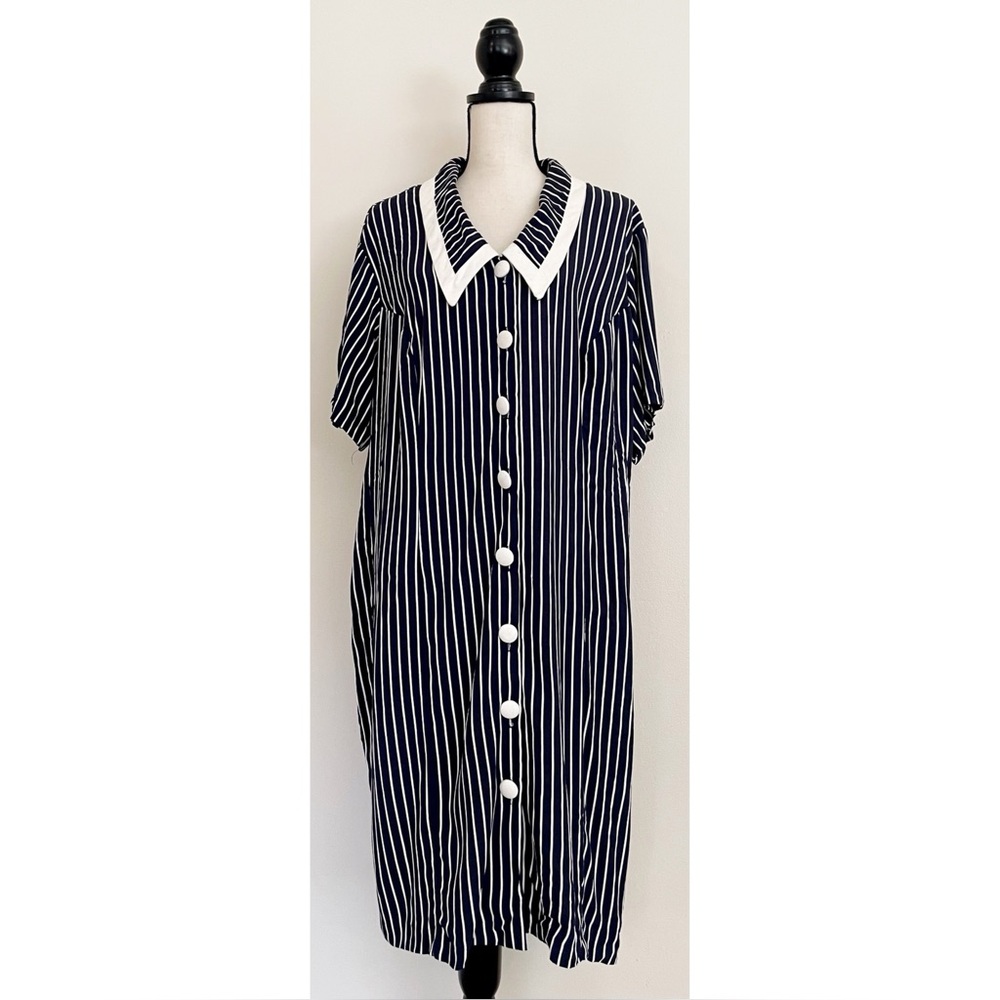Vintage 80s Navy Striped Oversized Collar Shirt Dress